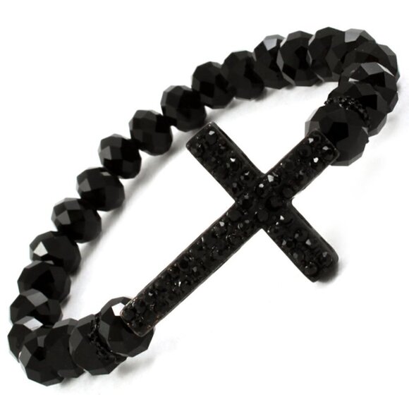 Womens Girls Ladies BLACK Crystal Cross Faceted Beaded Stretch Bracelet - Picture 1 of 2